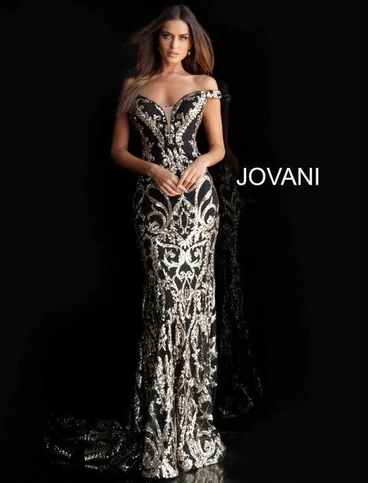 Off - the - shoulder wedding dresses with ruffled sleeves​ Jovani 63349 Long Formal Off Shoulder Prom Dress
