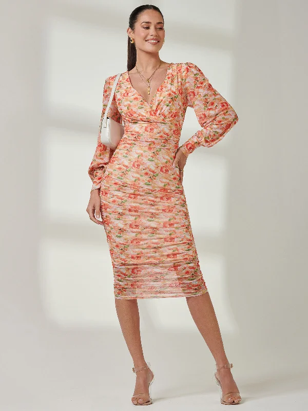 Velvet midi dresses in jewel tones for a glamorous winter event Long Sleeve Ruched Mesh Midi Dress, Orange Multi Velvet midi dresses in jewel tones for a glamorous winter event Long Sleeve Ruched Mesh Midi Dress, Orange Multi