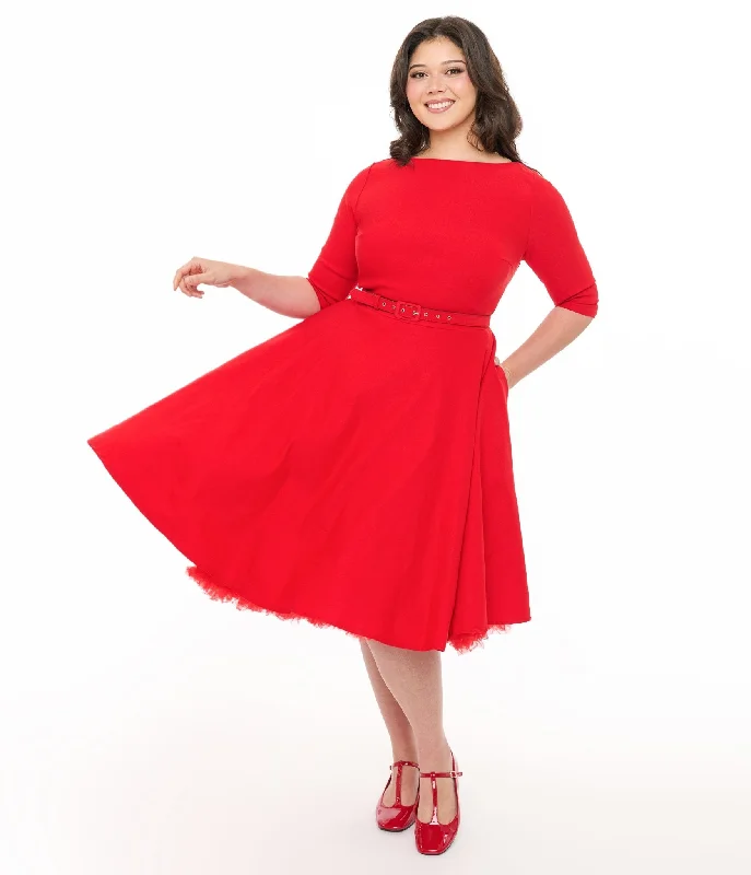 Everyday Dress with Strapless Design for a Glamorous Look​ Unique Vintage Plus Size 1950s Bright Red Devon Swing Dress