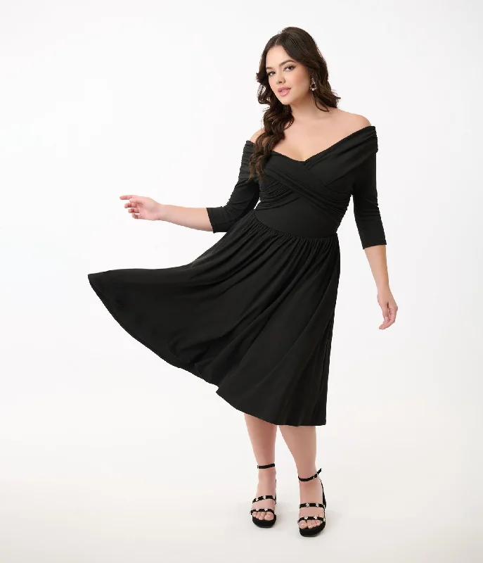  Unique Vintage Black Shirred Off Shoulder Swing Dress