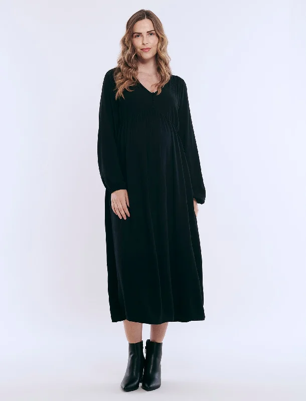 Maternity dress for a city sightseeing trip Long Sleeve Button Front Midi Dress