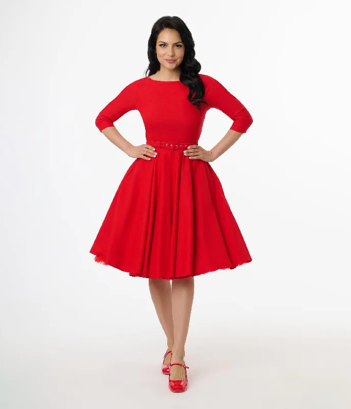  Unique Vintage 1950s Bright Red Devon Swing Dress