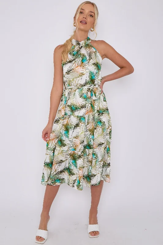 Midi dresses with tiered skirts for a bohemian festival look LOVE SUNSHINE Peacock Feather Print Halter Neck Satin Midi Dress Midi dresses with tiered skirts for a bohemian festival look LOVE SUNSHINE Peacock Feather Print Halter Neck Satin Midi Dress