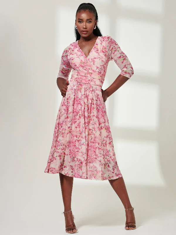 Midi dresses with tiered skirts for a bohemian festival look Brisa Mesh 3/4 Sleeve Midi Dress, Pink Multi