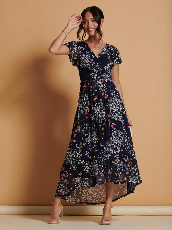 Midi dresses with off - the - shoulder necklines for a flirty look Mesh V-Neck Maxi Dress, Navy Multi Midi dresses with off - the - shoulder necklines for a flirty look Mesh V-Neck Maxi Dress, Navy Multi