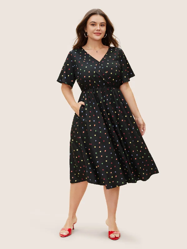 Everyday Sheath Dress in Wool for Winter​ Colored Polka Dot Overlap Collar Midi Dress