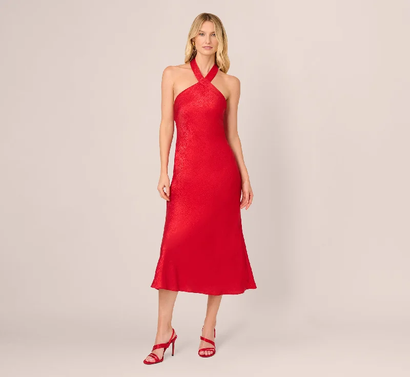 Midi dresses with belted waists to accentuate the figure Foil Woven Halter Midi Dress In Red Midi dresses with belted waists to accentuate the figure Foil Woven Halter Midi Dress In Red