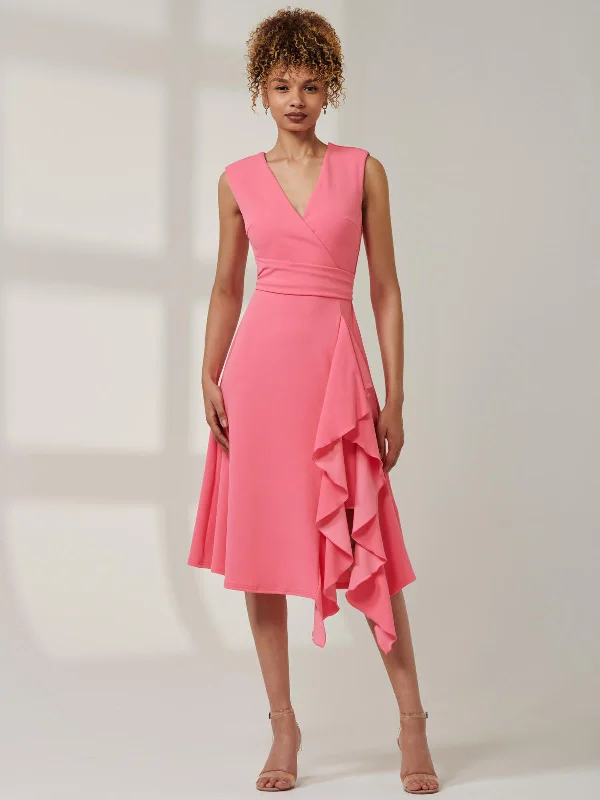 Midi dresses with button - down skirts for a unique and functional design Qiana Ruffle Detail Midi Dress, Pink
