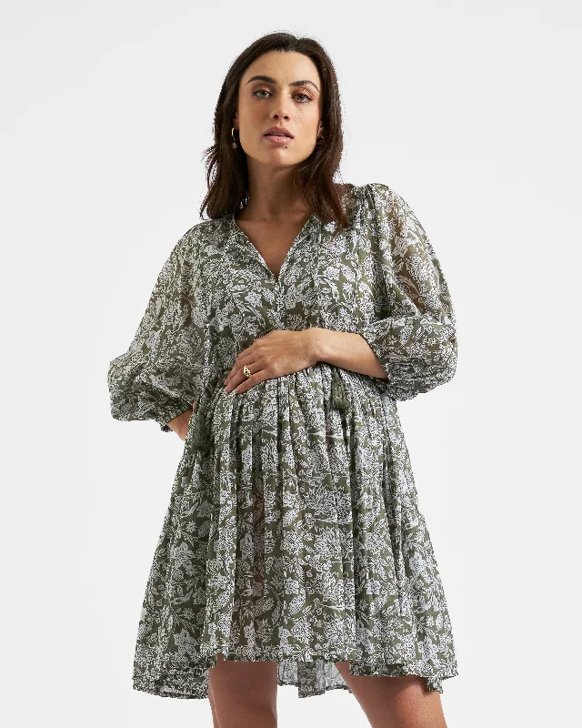 Maternity dress for a baby's first visit to the butterfly garden Cali Nursing Dress  Olive / White