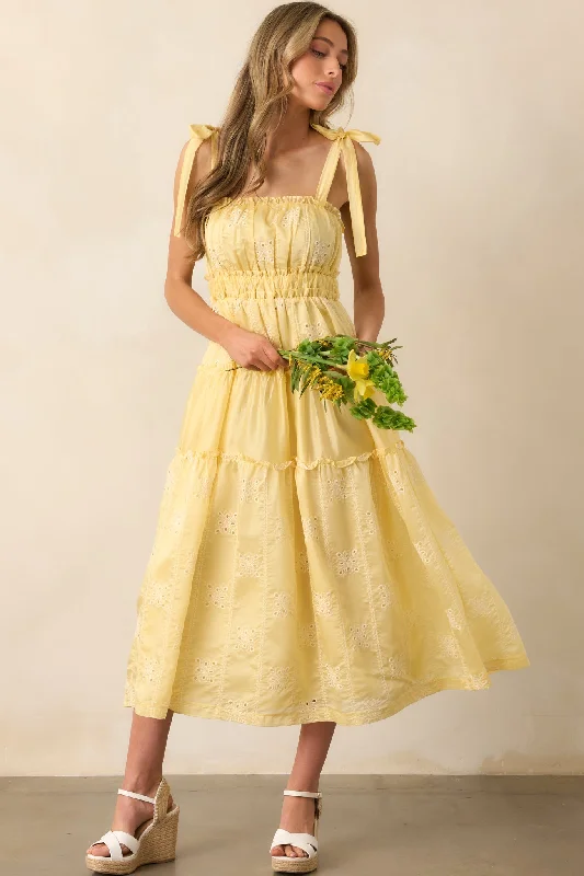Embroidered Casual Dresses with Intricate Designs​ My Happy Place Yellow Embroidered Eyelet Midi Dress