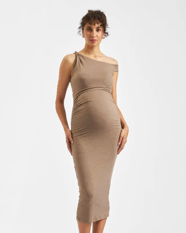 Maternity dress for a baby's first visit to the amusement park Luxe Knit Off Shoulder Dress Mocha