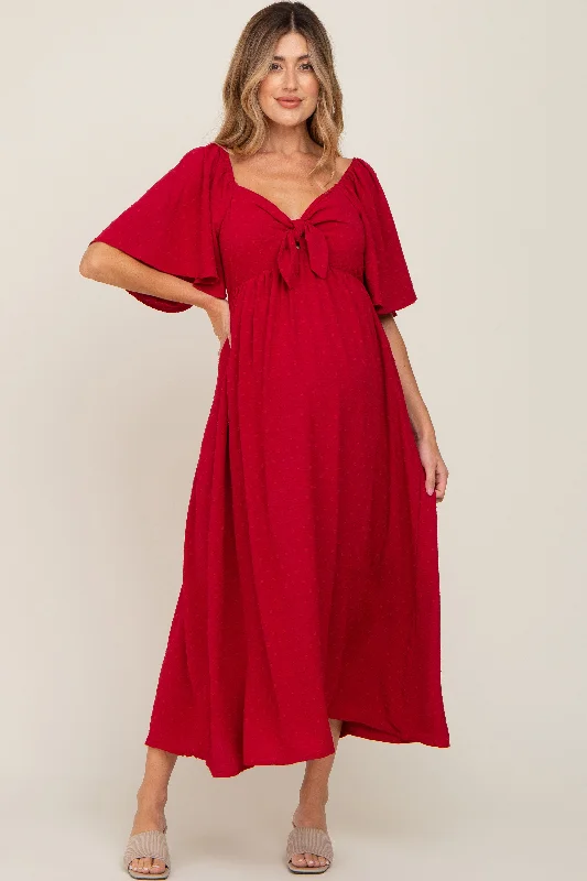 Maternity dress for a baby's first swim Burgundy Textured Dot Front Tie Ruffle Sleeve Maternity Midi Dress