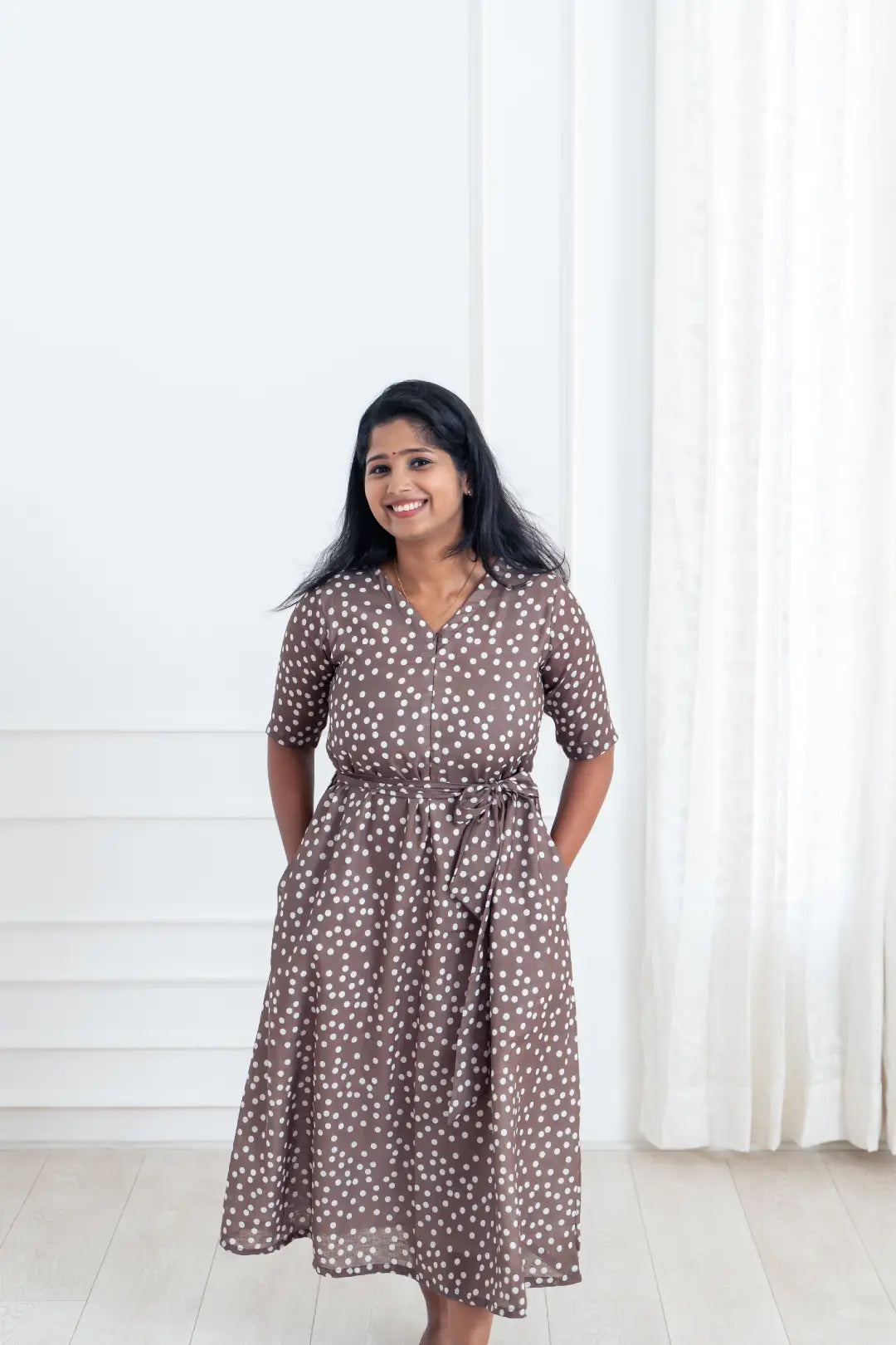Maternity dress for a baby's first visit to the Japanese garden Polka Mocha Feeding Dress
