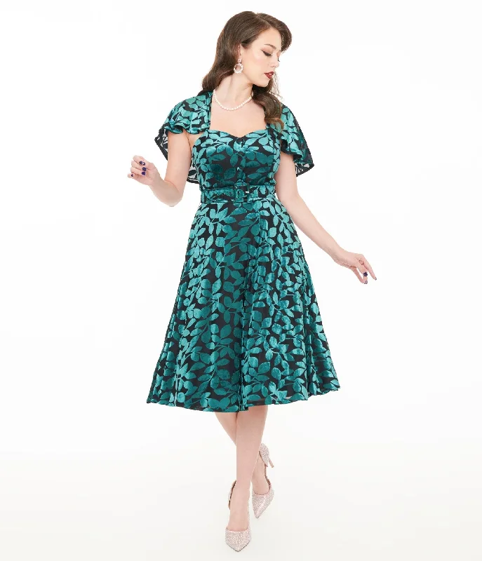 Everyday Dress with V - neck for a Flattering Fit​ Unique Vintage 1950s Teal & Black Velvet Burnout Capelet Swing Dress