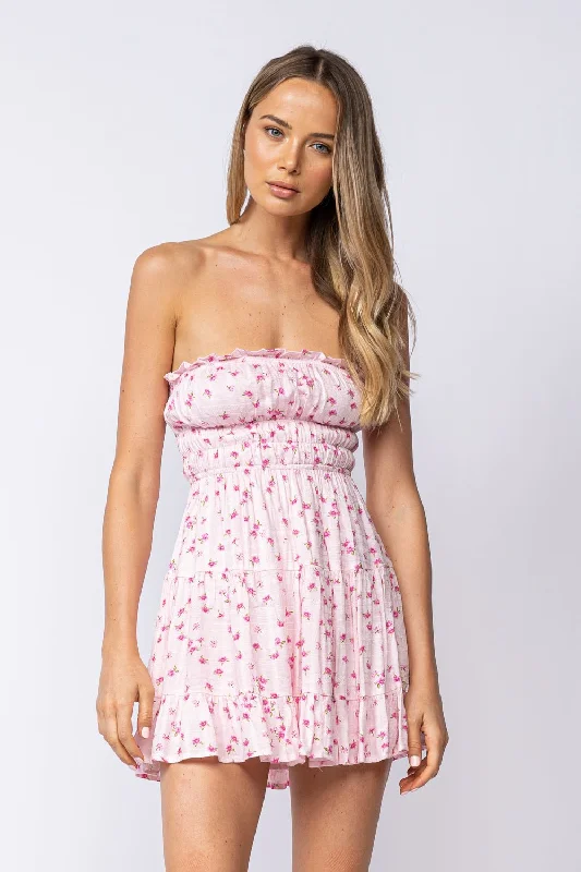 Garden Party Casual Dresses with Floral Motifs​ Sarah Spring Pinky Strapless Mini Dress