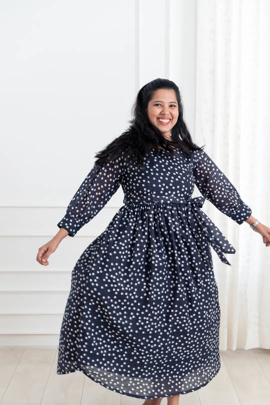 Short sleeve maternity sundress for summer Midnight Dots Flared Feeding Dress