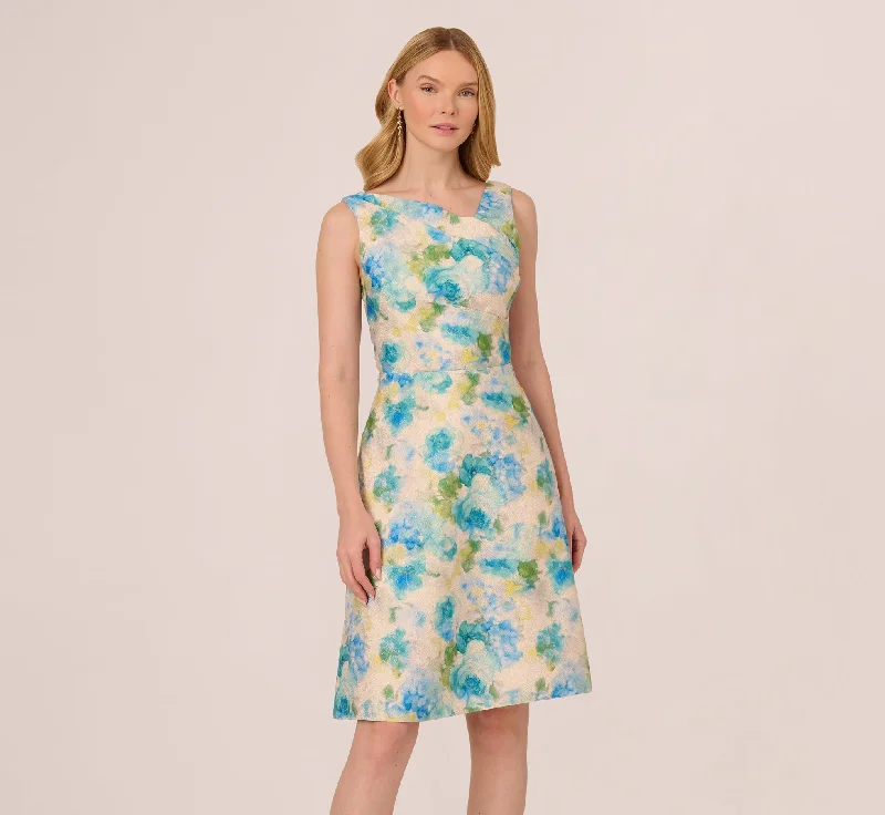  Sleeveless Asymmetrical Floral Jacquard Midi Dress In Ivory Blue Multi