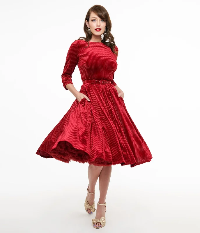 Everyday Dress with Kimono - style Sleeves for an Exotic Look​ Unique Vintage 1950s Burgundy Textured Velvet Devon Swing Dress