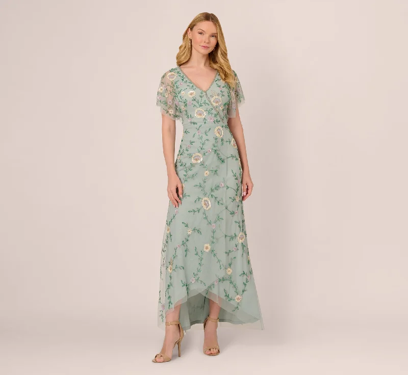 Midi dresses with button - front designs for a classic touch Flutter Sleeve Beaded Wrap Dress In Aqua Dust Midi dresses with button - front designs for a classic touch Flutter Sleeve Beaded Wrap Dress In Aqua Dust