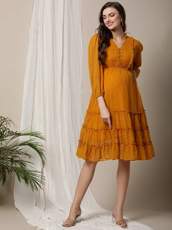 Maternity dress for a baby's first visit to the fair Maternity Tiered Casual Dress- Mustard
