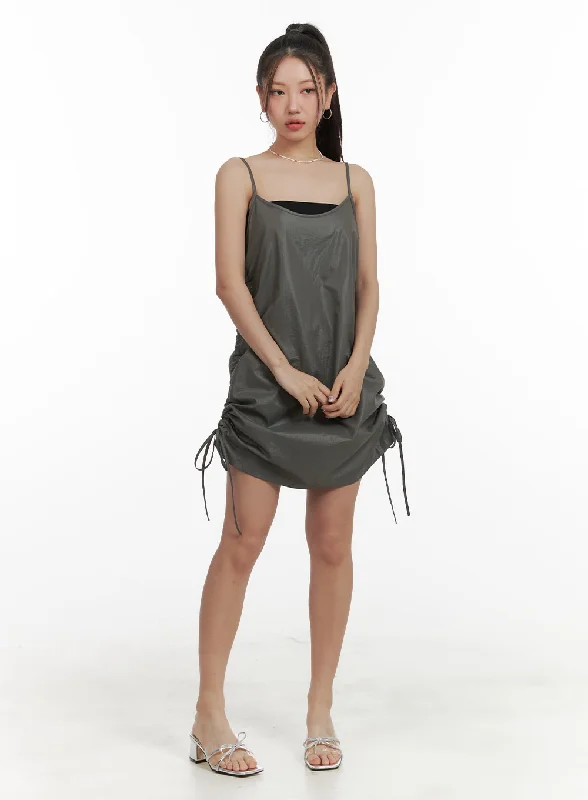 Mini dresses with wrap - around styles Shirred Nylon Sleeveless Mini Dress OA415