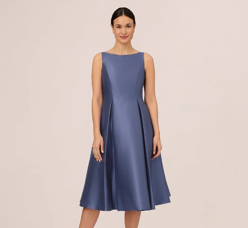 Plaid midi dresses for a fall - themed family gathering Sleeveless Mikado Fit And Flare Midi Dress With V-Back In Blue Frost