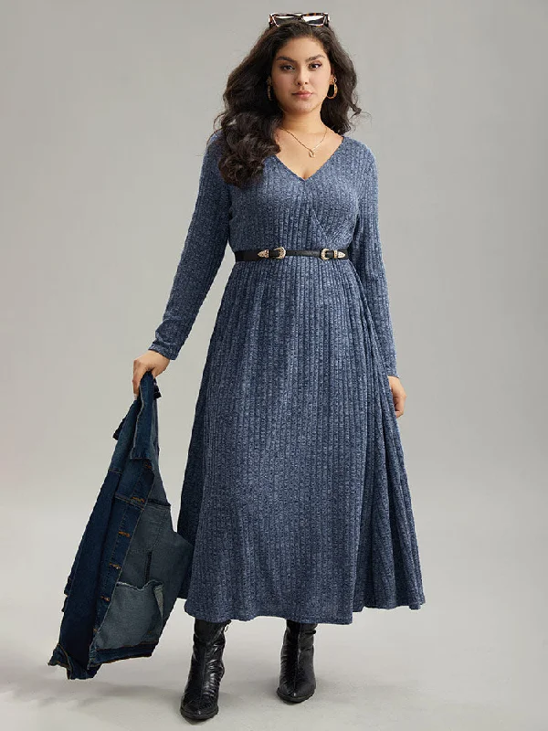 Plus - size Everyday Dress with Empire Waist​ Solid Rib Knit Overlap Collar Pocket Dress