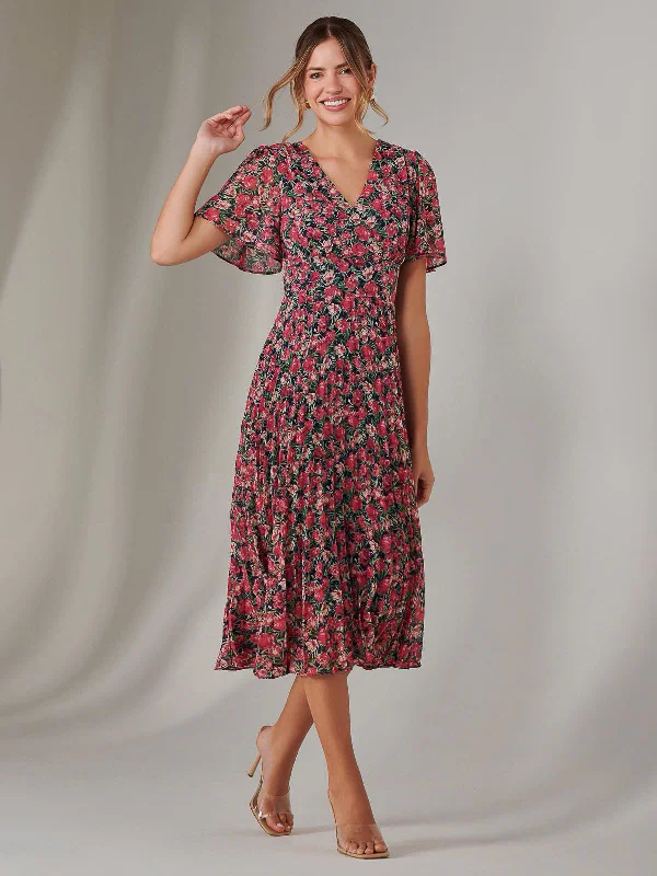 Wrap - style midi dresses in silk for a sophisticated office look Chiffon Pleated Wrap Midaxi Dress, Pink Floral Wrap - style midi dresses in silk for a sophisticated office look Chiffon Pleated Wrap Midaxi Dress, Pink Floral