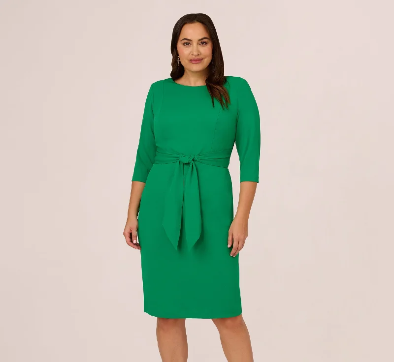 Plus Size Knit Crepe Bow Sheath Dress With Three Quarter Sleeves In Vivid Green