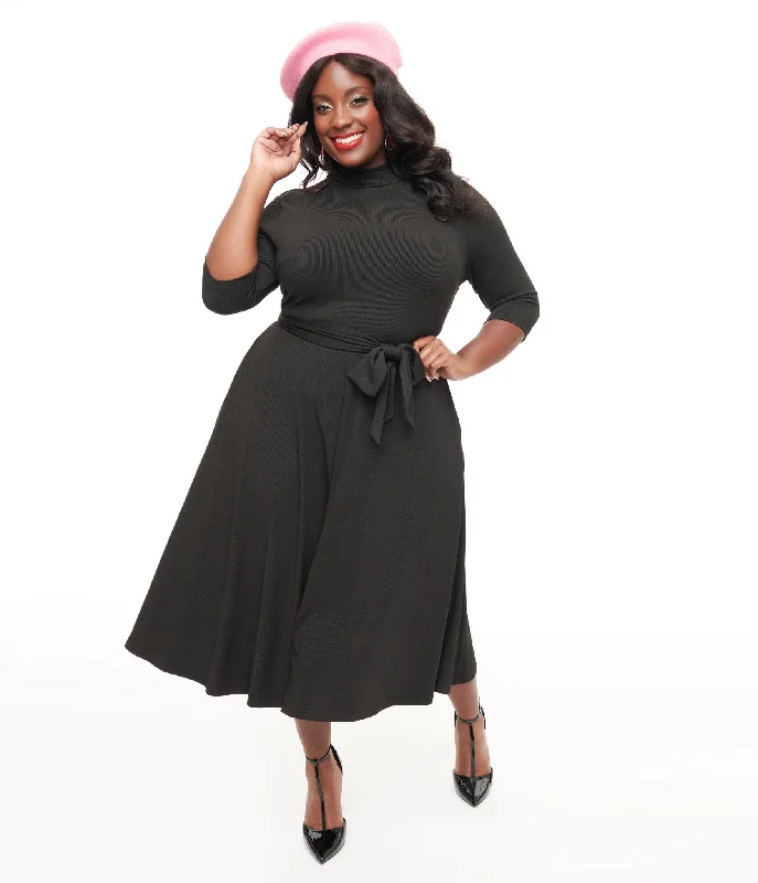 Everyday Dress with Cowl Neck for a Sophisticated Style​ Unique Vintage Plus Size 1950s Black Turtleneck Midi Dress