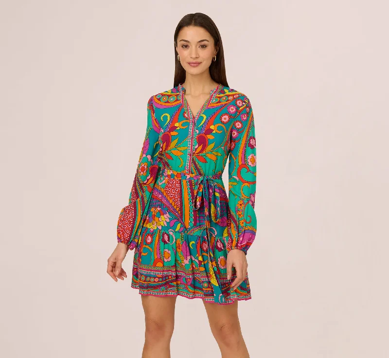  Long Sleeve Retro Printed A Line Dress In Teal Multi