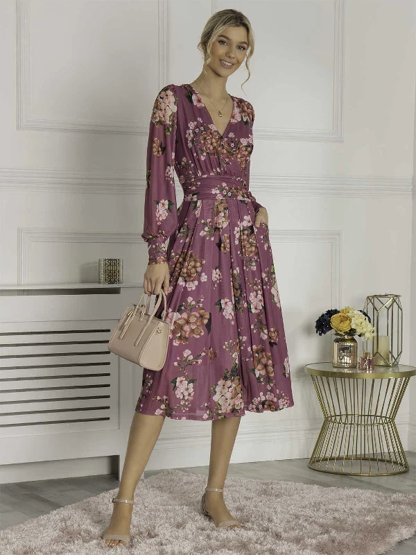 Sheath midi dresses with beaded embellishments for a formal occasion Eileen Long Sleeve Mesh Dress, Dusty Purple