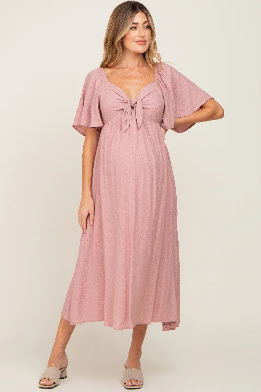 Maternity dress for a baby's first visit to the vineyard Mauve Front Tie Ruffle Sleeve Maternity Midi Dress