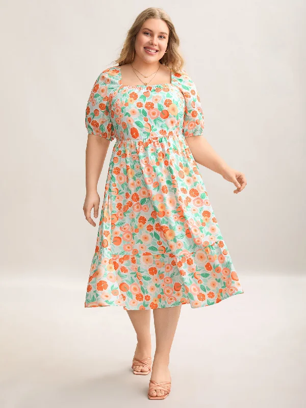 Everyday Dress with Ruched Sides for a Figure - hugging Look​ Fruity Print Square Neck Puff Sleeve Dress