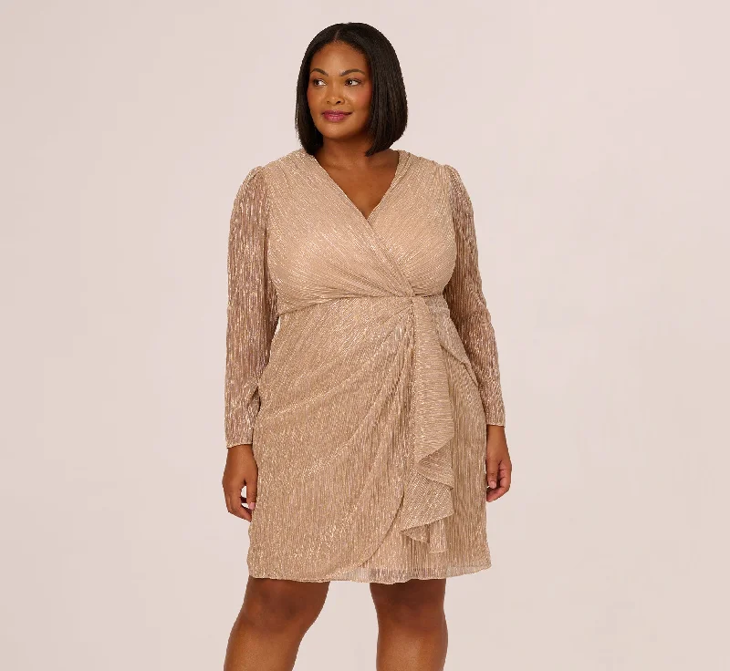 Everyday Dress with Adjustable Hem for Growing Kids or Changing Styles​ Plus Size Metallic Long Sleeve Dress With Draped Details In Light Gold