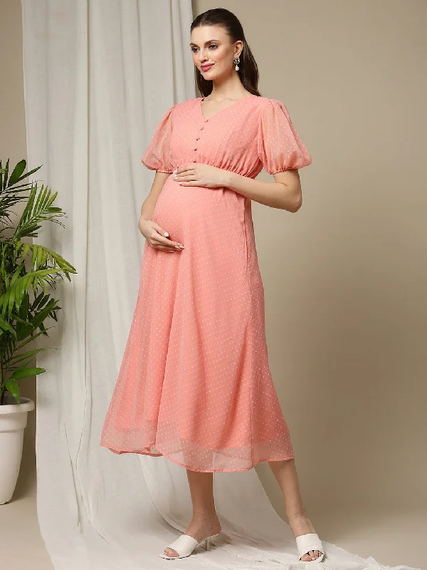 Maternity dress for a baby's first visit to the beach Maternity Casual Midi Dress- Orange