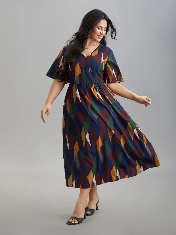 Everyday Dress with Matching Scarf for a Complete Look​ Geometric Print Fit and Flare Midi Dress