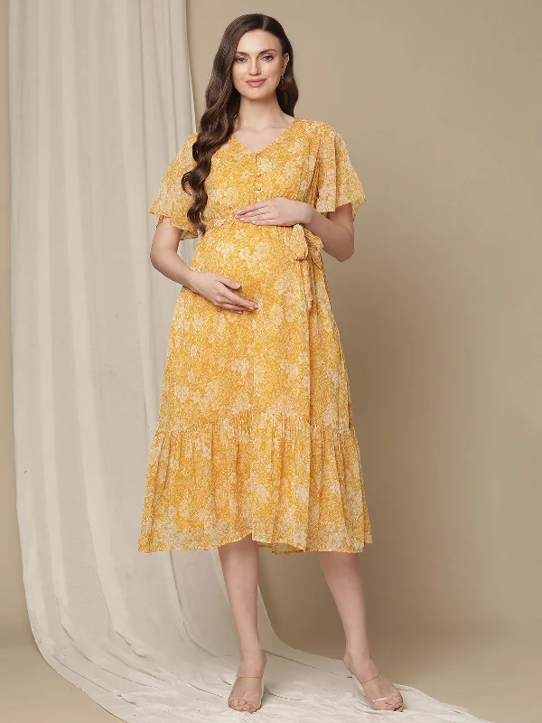 Maternity dress with side ruching to accommodate bump Yellow Maternity Dress