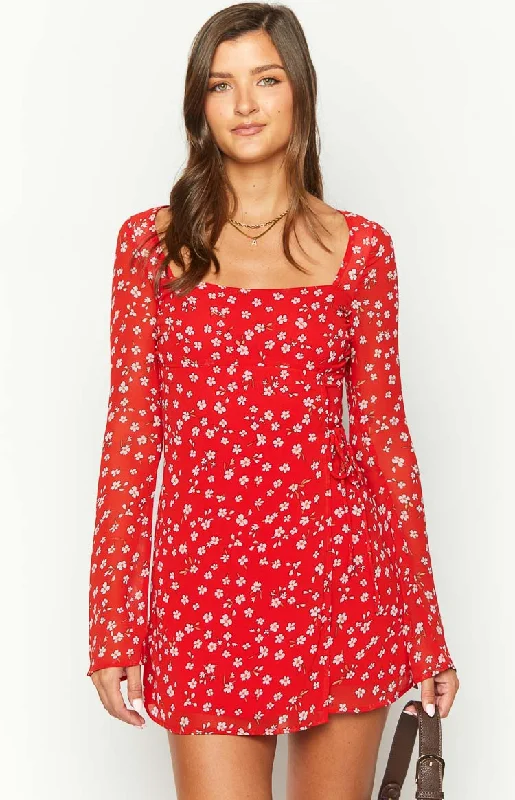 Mini dresses with pom - pom trims for a playful feel Goldie Red Floral Long Sleeve Mini Dress