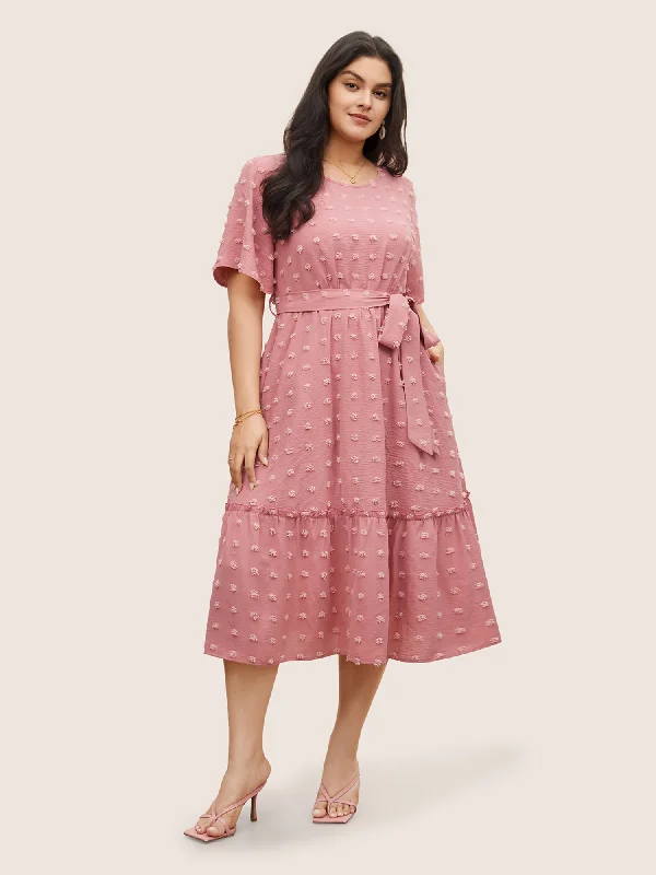  Solid Textured Patchwork Frill Trim Belted Dress