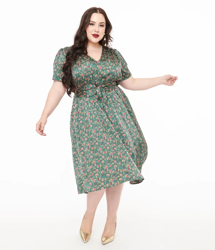 Everyday Wrap Dress with Adjustable Belt​ Unique Vintage Plus Size 1940s Green & Red Fan Print Swing Dress