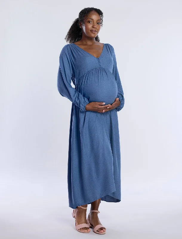 Maternity dress for a baby's first visit to the distillery Long Sleeve Button Front Midi Dress