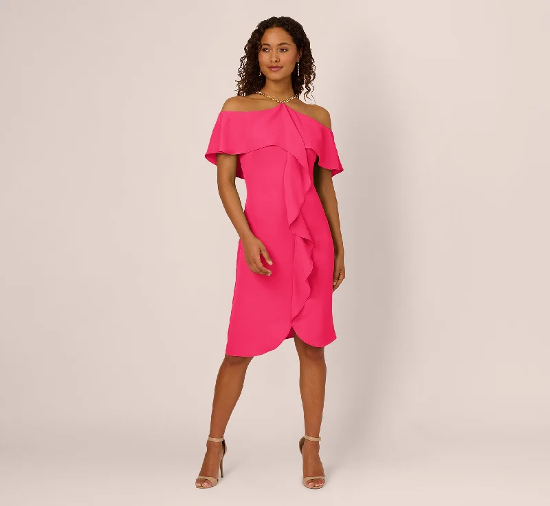  Ruffle Popover Midi Dress With Chain Halter Neckline In Electric Pink