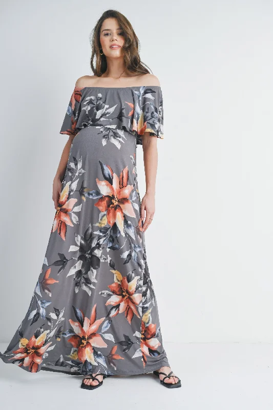 Maternity dress for a coastal vacation Grey Floral Ruffle Off The Shoulder Maxi Maternity Dress