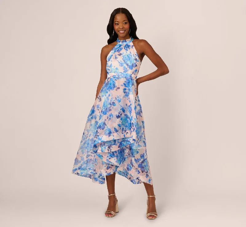 Midi dresses with pleated bodices for a classic and tailored look Sleeveless Floral Organza High Low Dress In Blush Blue Multi Midi dresses with pleated bodices for a classic and tailored look Sleeveless Floral Organza High Low Dress In Blush Blue Multi