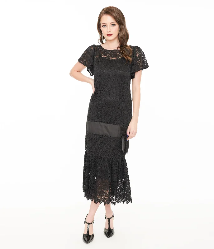  Unique Vintage 1920s Black Floral Lace & Bow Flapper Dress