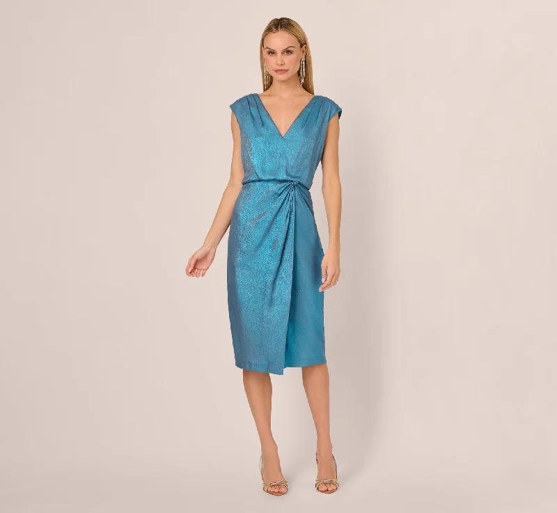 Midi dresses with puff sleeves for a vintage - inspired look Foil Blouson Midi Dress With Faux Wrap Skirt In Ocean Dream Midi dresses with puff sleeves for a vintage - inspired look Foil Blouson Midi Dress With Faux Wrap Skirt In Ocean Dream