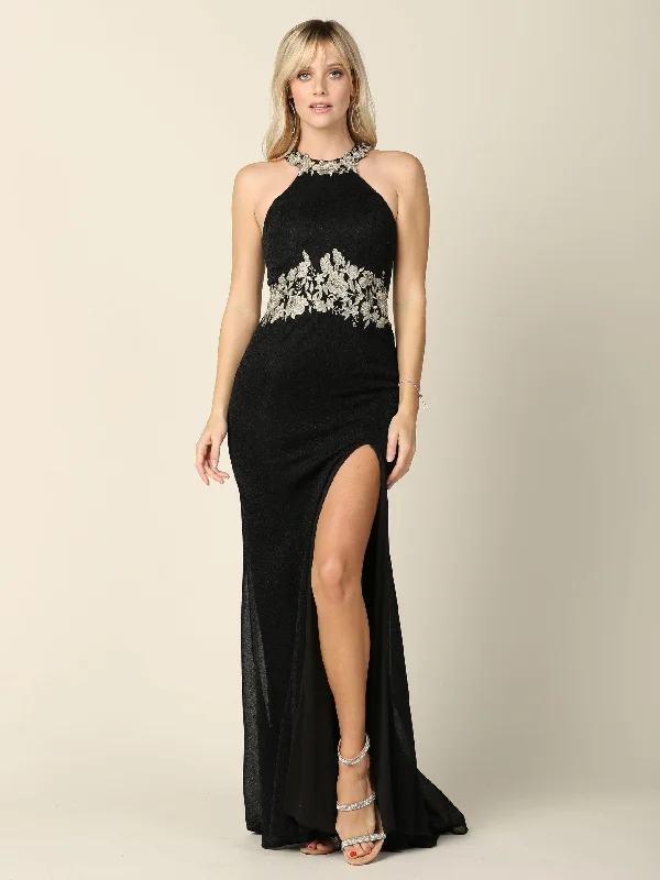 Square - neck wedding dresses with a demure look​ Long Formal Fitted Halter Metallic Prom Dress