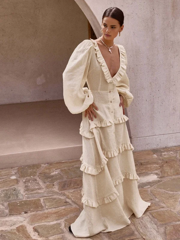 Office - Appropriate Casual Dresses with a Professional Edge​ Cotton & Linen Semi-Sheer Ruffle Trim Long Dress