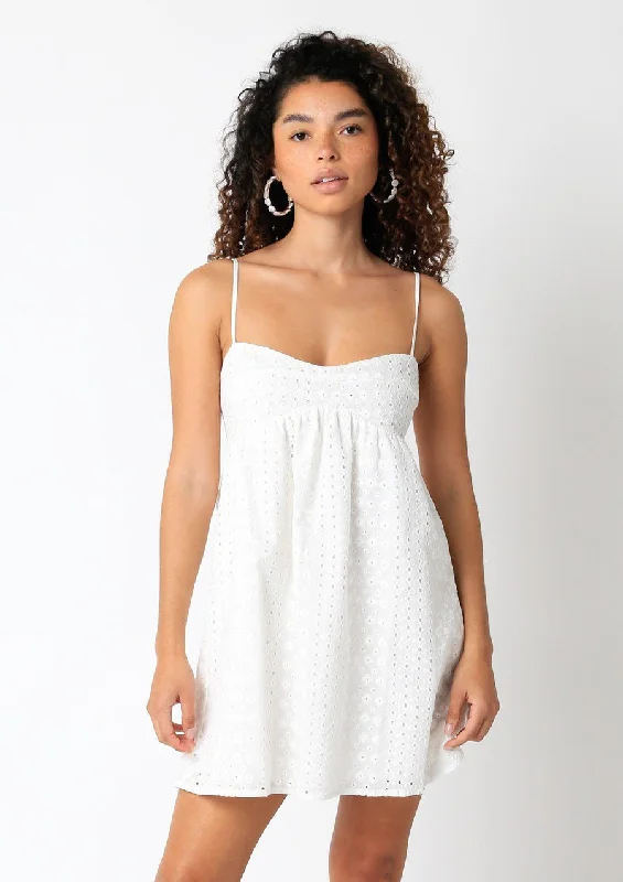 Hat - Friendly Casual Dresses for Outdoor Outfits​ Vali White Eyelet Babydoll Cami Mini Dress